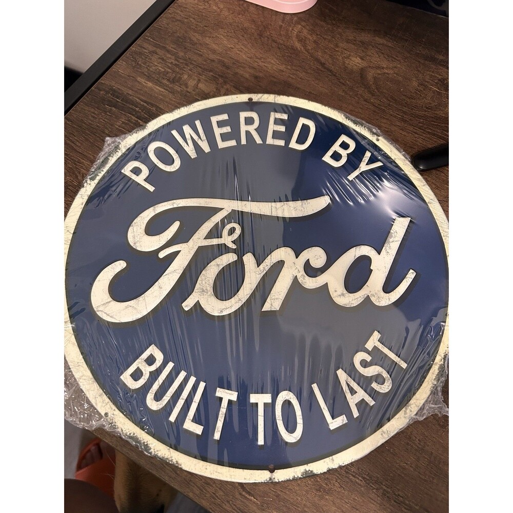 Ford Powered by Ford Built to Last Round Automobile Advertising Sign Blue White